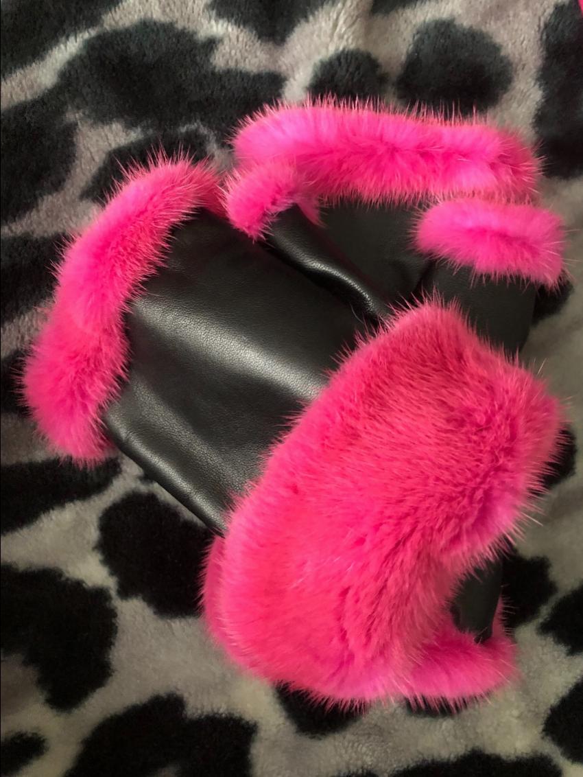 Bespoke Pink Mink  Black Leather Mittens