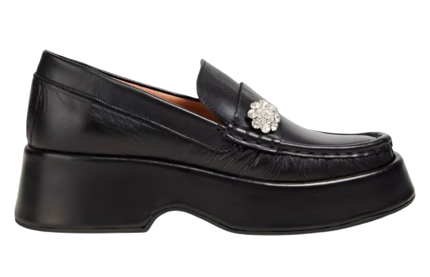 Ganni Black Crystal Embellished Chunky Loafers Size 39 calf-skin leather