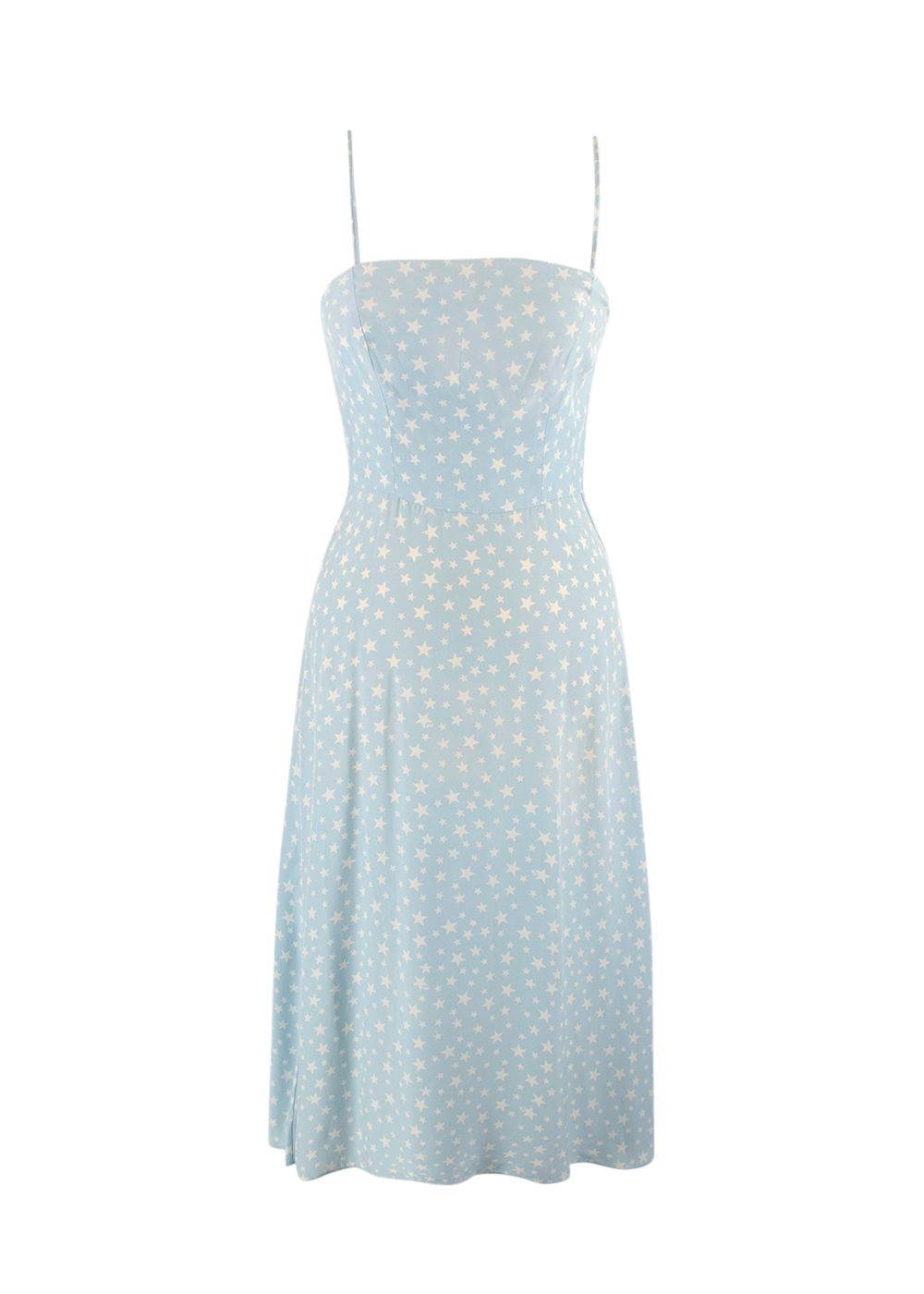 HVN Baby Blue Silk Star Patterned Midi Dress Size XS baby blue white