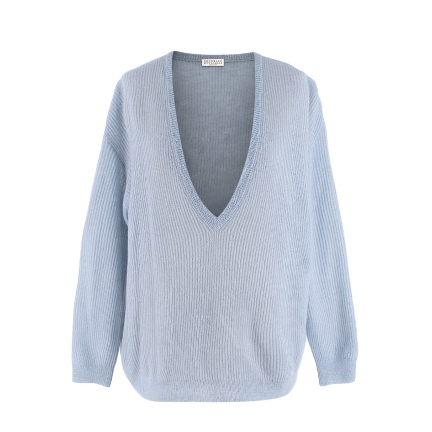 Preowned Brunello Cucinelli Pale Blue Mohair Blend Open Weave V-Neck Jumper Size M synthetic