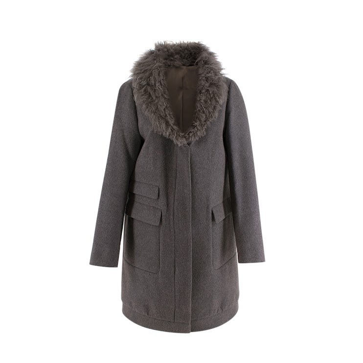 Preowned Brunello Cucinelli Taupe Melange Wool Shearling-Collar Coat Size S Tan/Brown shearling