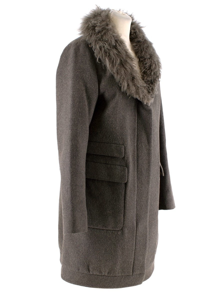 Preowned Brunello Cucinelli Taupe Melange Wool Shearling-Collar Coat Size S Tan/Brown shearling