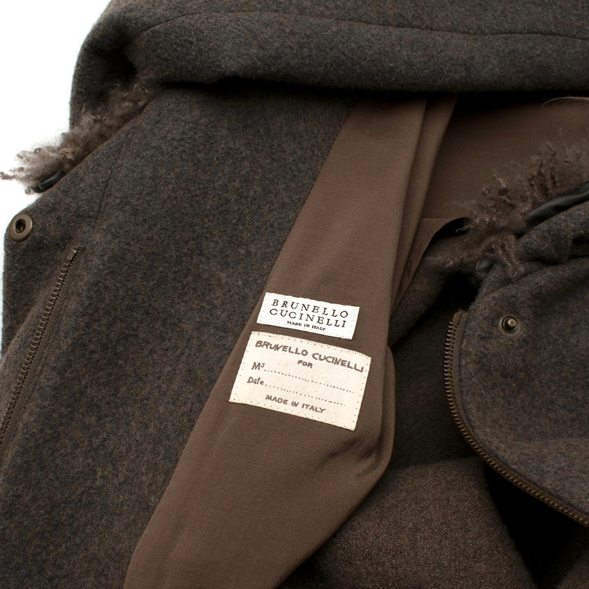 Preowned Brunello Cucinelli Taupe Melange Wool Shearling-Collar Coat Size S Tan/Brown shearling