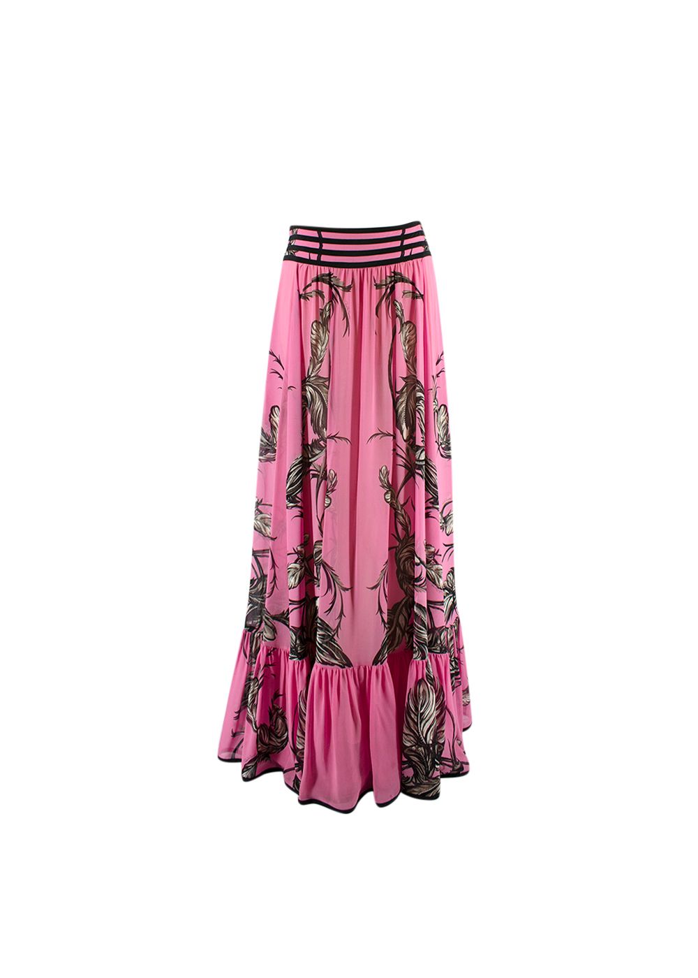 Preowned Roberto Cavalli Pink Floral Tiered Maxi Skirt Size M pink black white chiffon