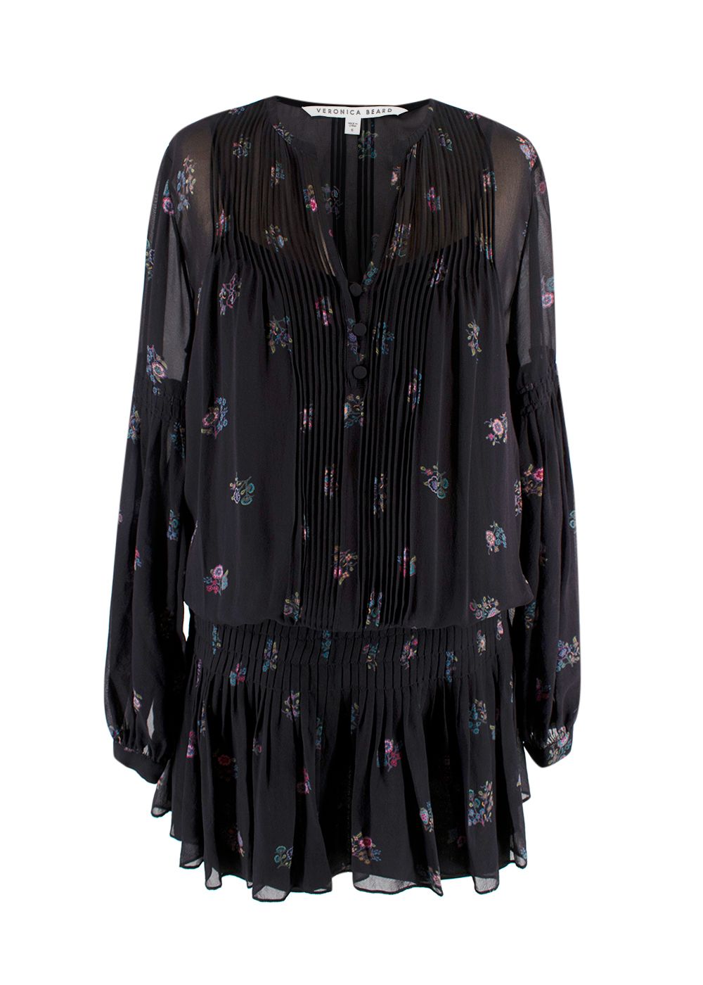 Veronica Beard Braden Papyrus Pintuck Sheer Chiffon Dress Size S Black and Floral silk