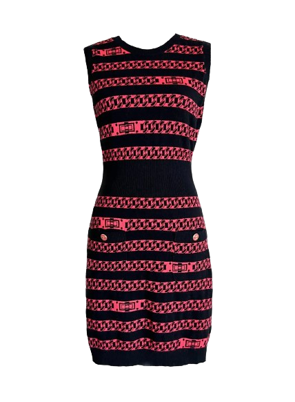 Chanel Black  Pink Cashmere Chain Print Dress Size XS multicolor