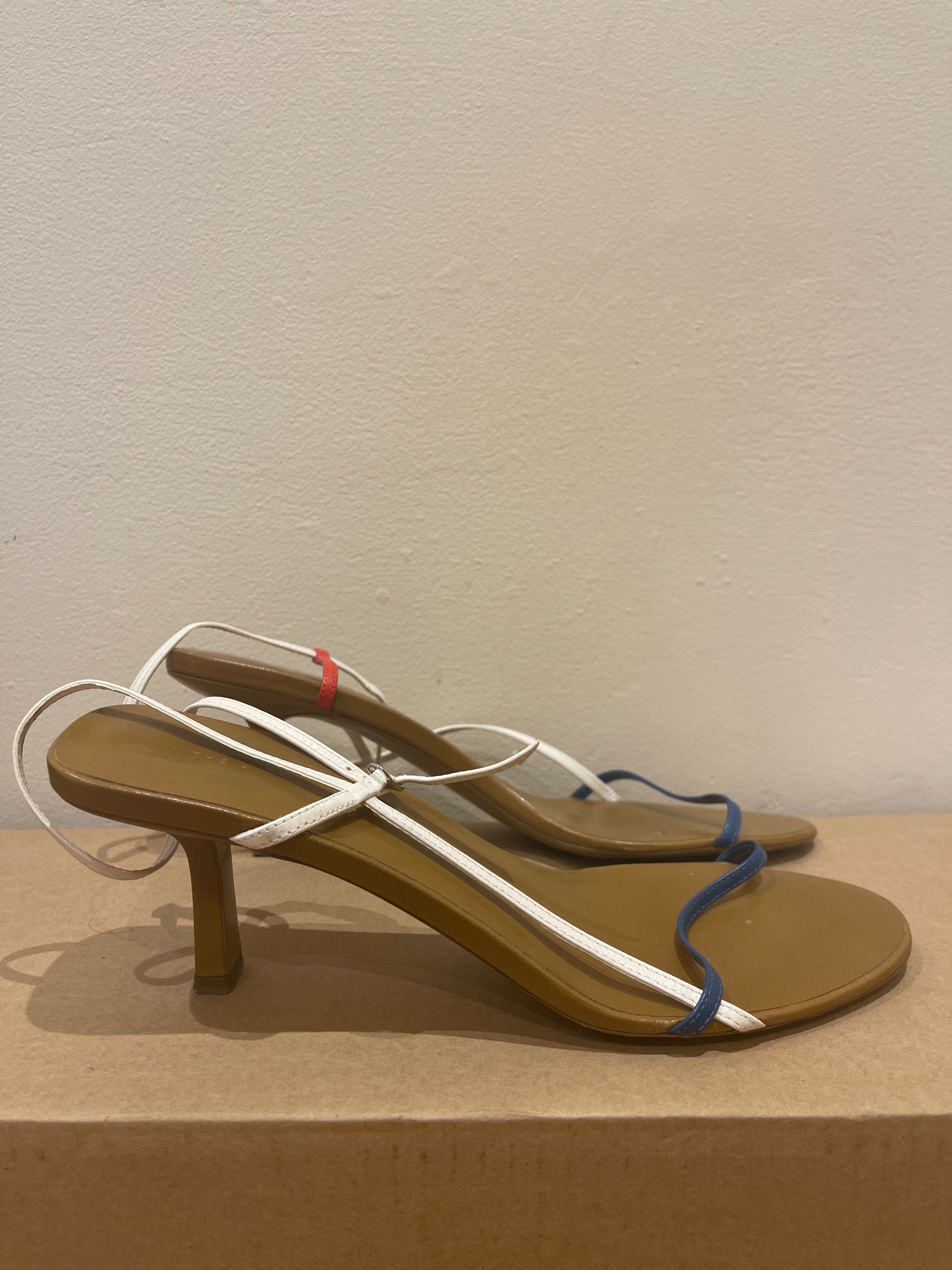 Preowned The Row Bare Colour Block Sandals Size 375 White red blue leather