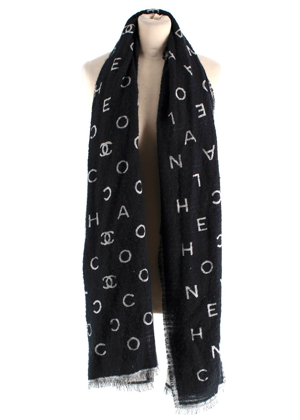 Preowned Chanel Black Coco Letter Cashmere Blend Scarf black/grey cashmere/silk