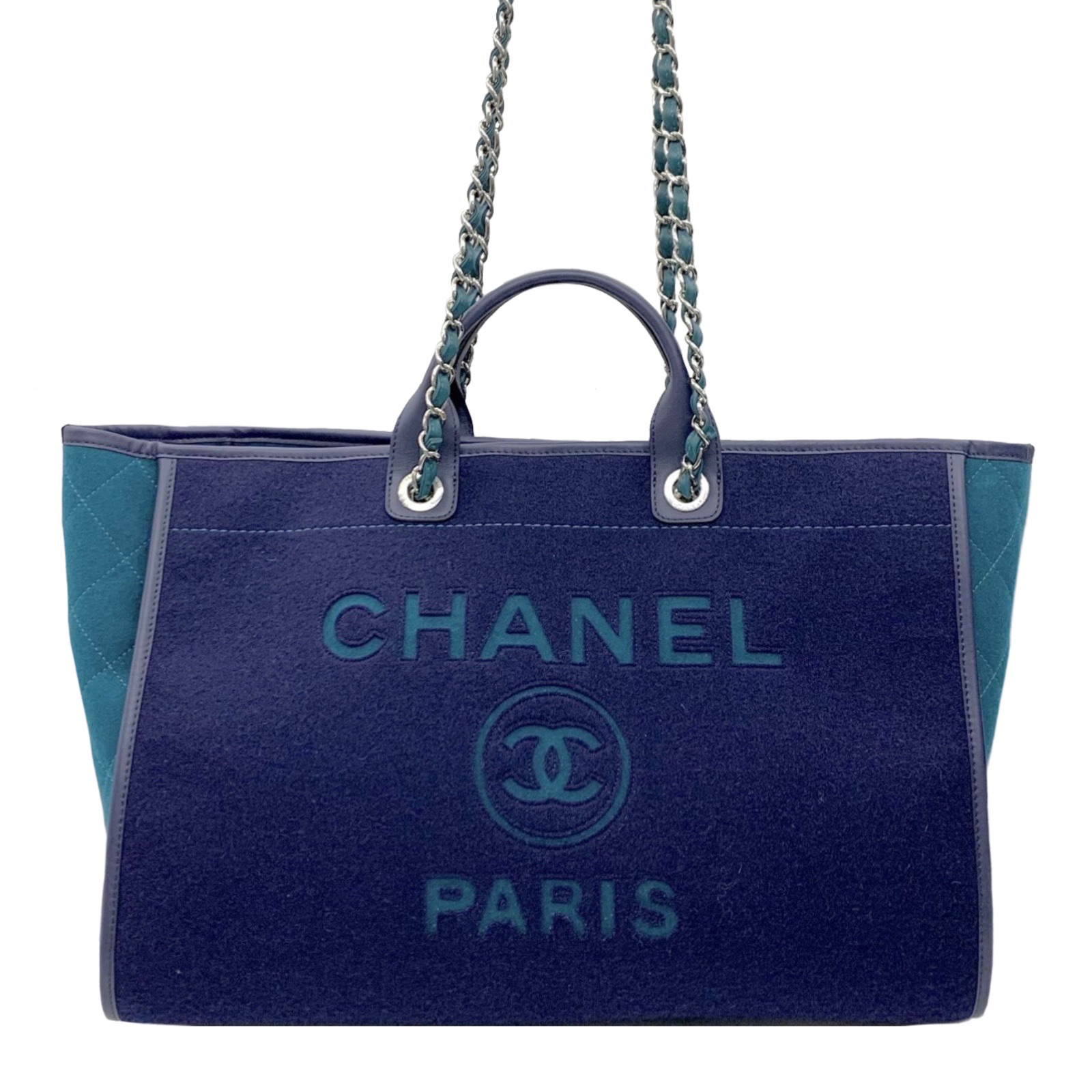 Chanel Blue and Green Felt Deauville Shopper Tote