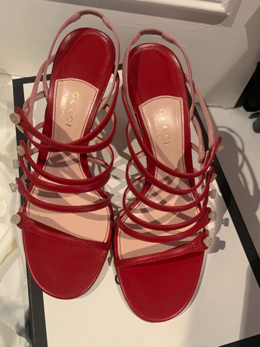 Gucci Red  Pink Patent Leather Strappy Sandals Size 365