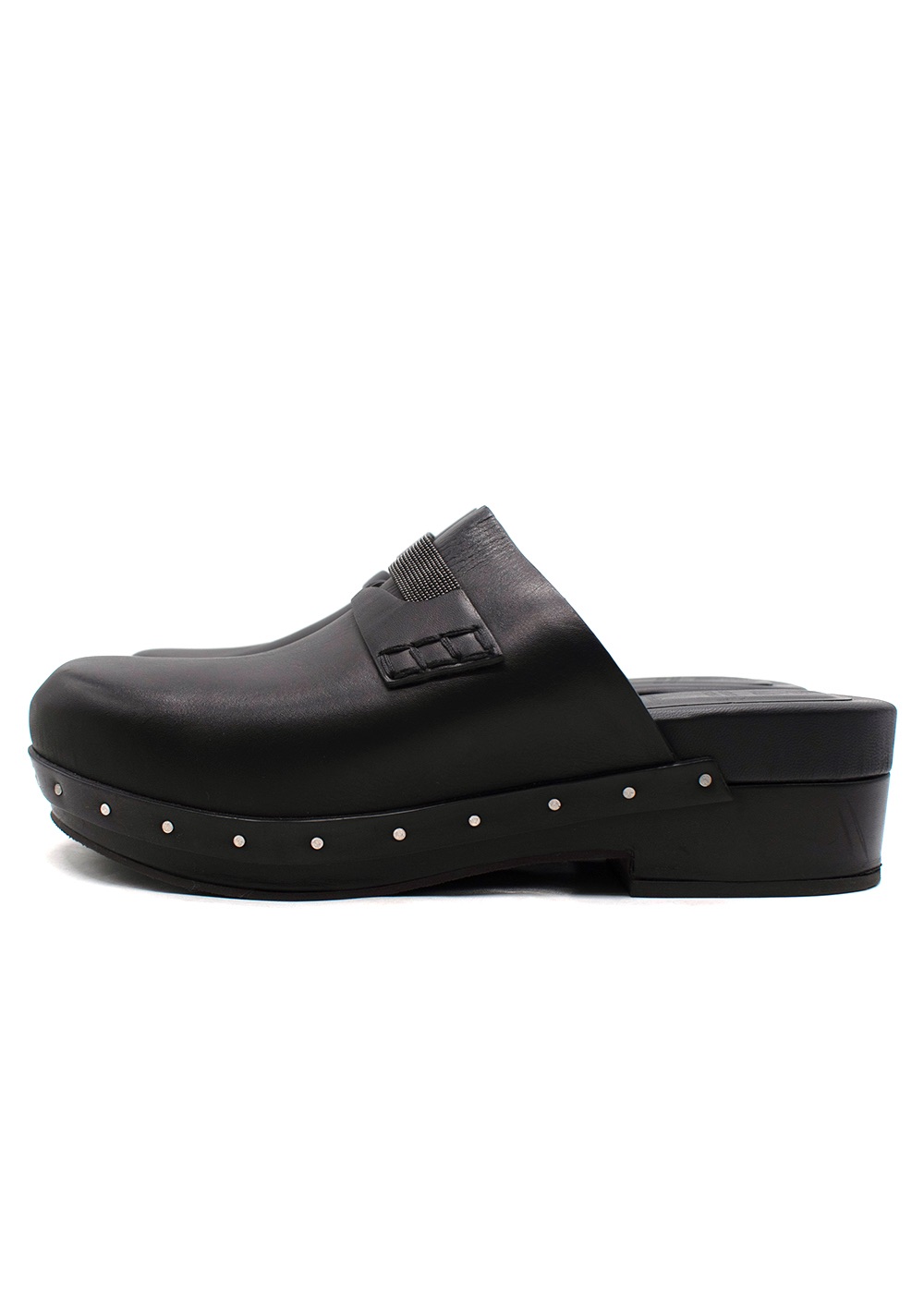 Preowned Brunello Cucinelli Black Bead-Embellished Leather Clogs Size 38