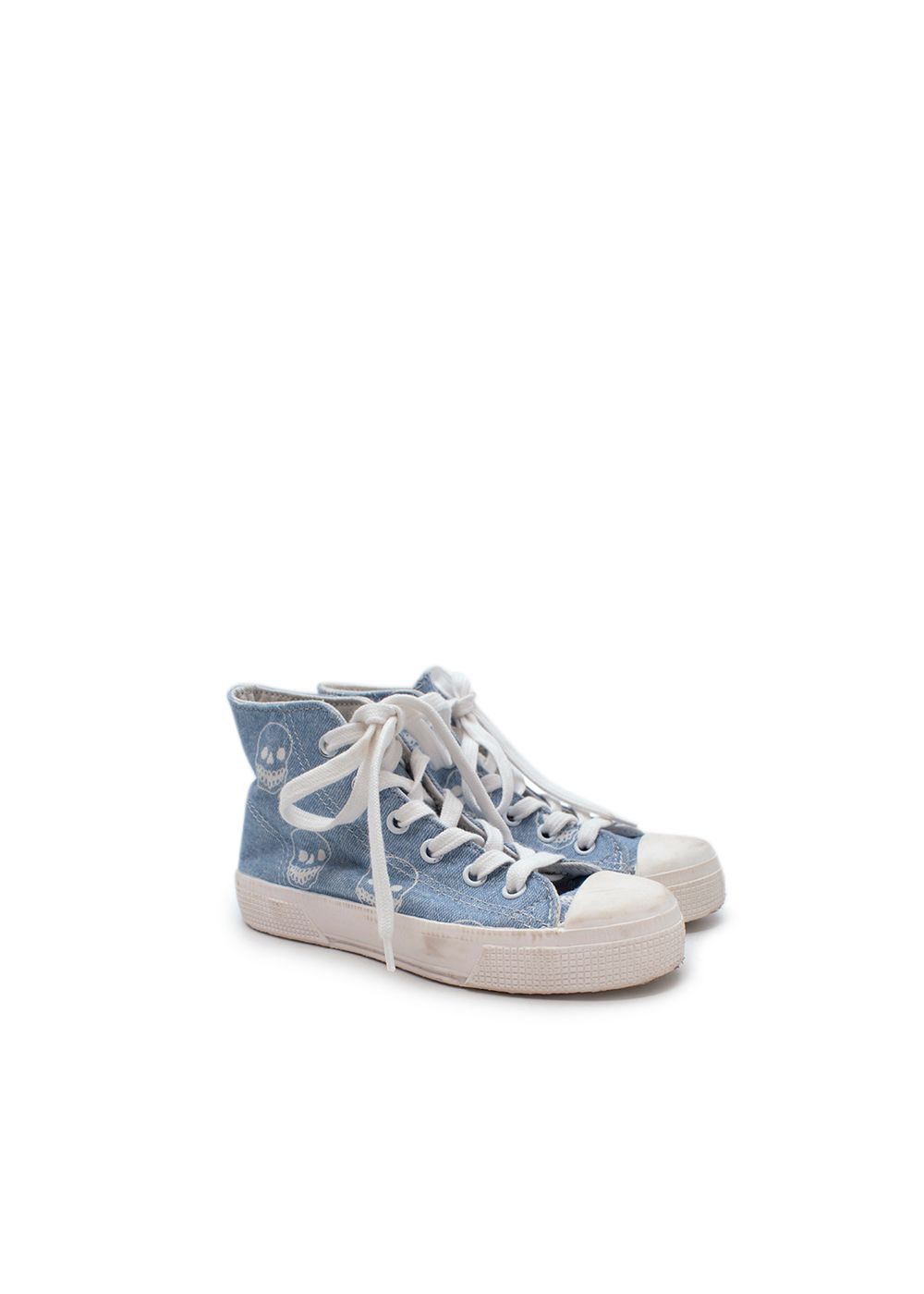 Boys Preowned Stella McCartney Skull Print Light Blue Lace Up High Top Trainers Size 6 Years + Blue and White cotton