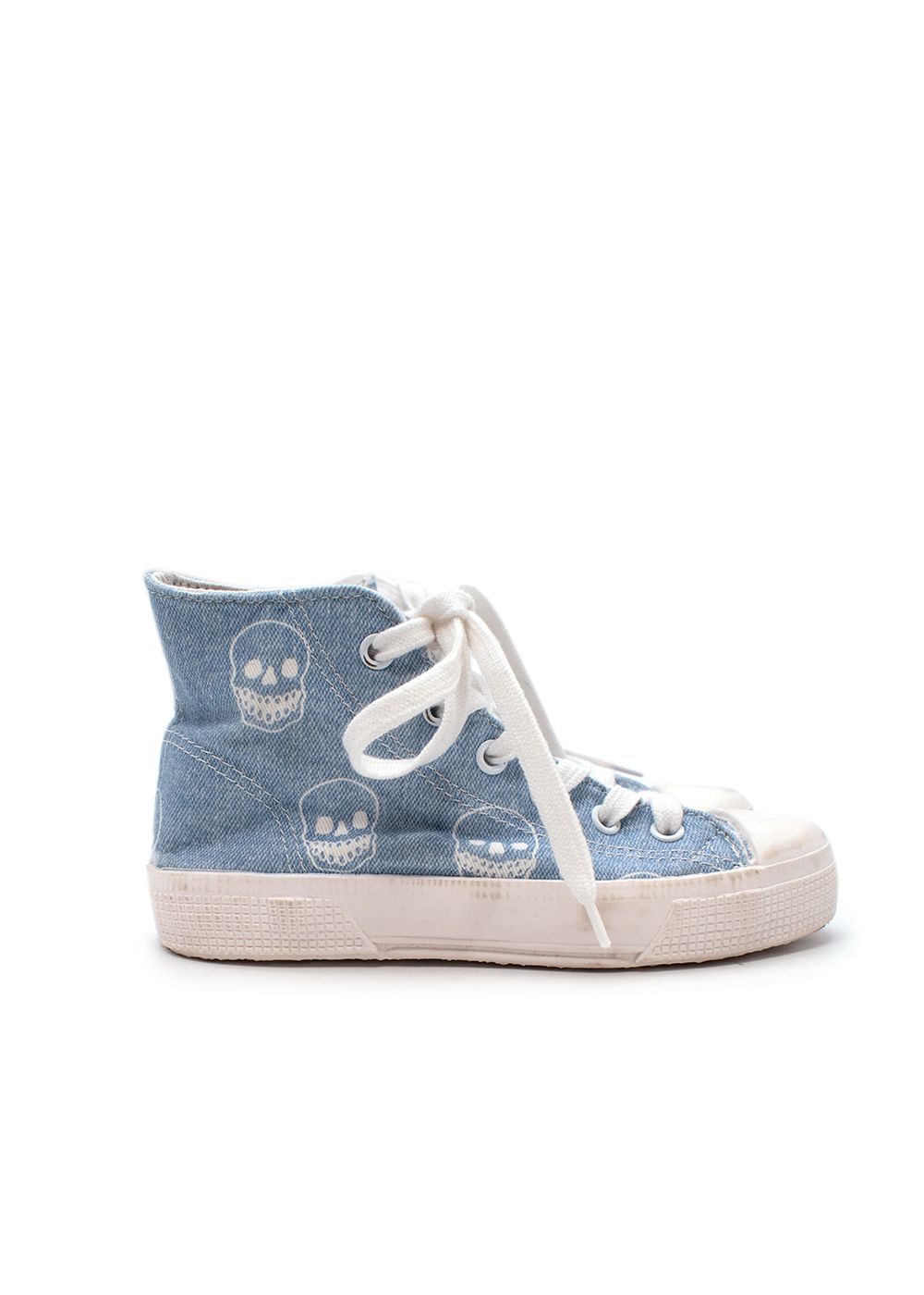 Boys Preowned Stella McCartney Skull Print Light Blue Lace Up High Top Trainers Size 6 Years + Blue and White cotton