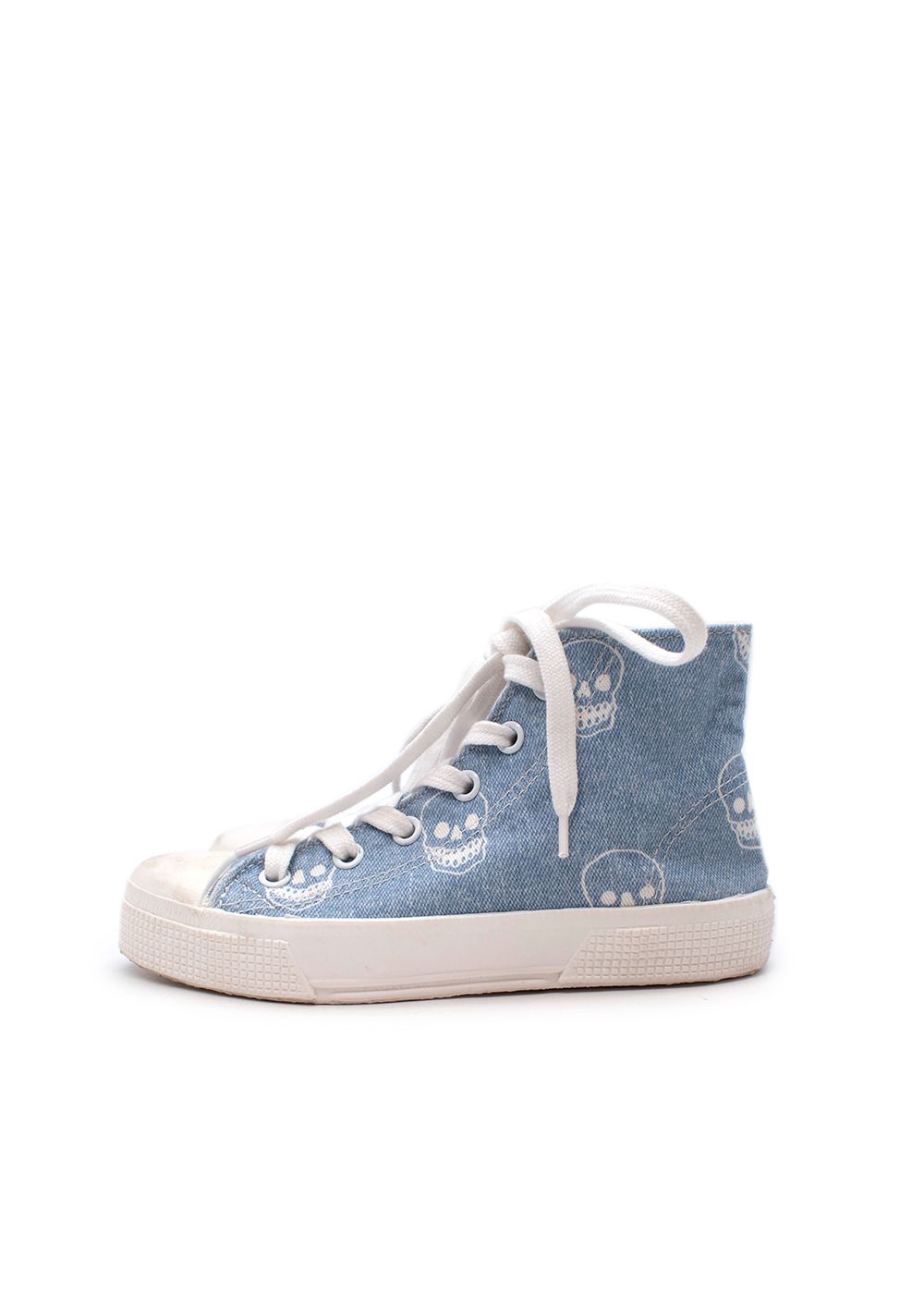 Boys Preowned Stella McCartney Skull Print Light Blue Lace Up High Top Trainers Size 6 Years + Blue and White cotton