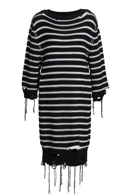 MM6 Black  White Distressed Striped Knitted Dress Size XS cotton