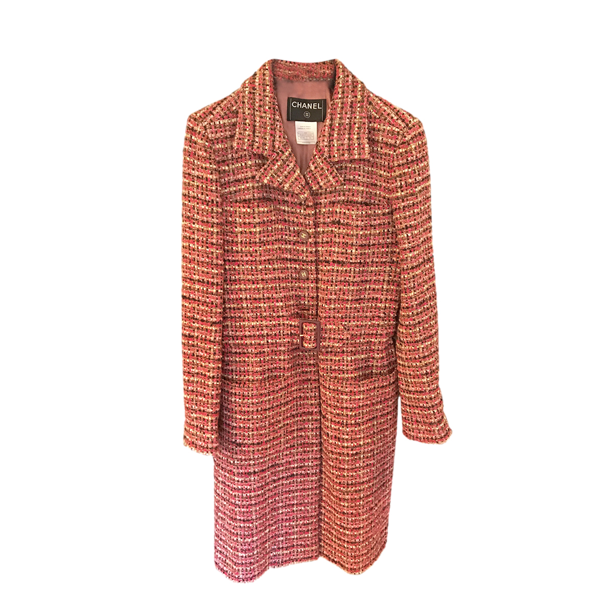 Preowned Chanel Pink Tweed Belted Tailored Coat Size XS Multi-Coloured / Stripes