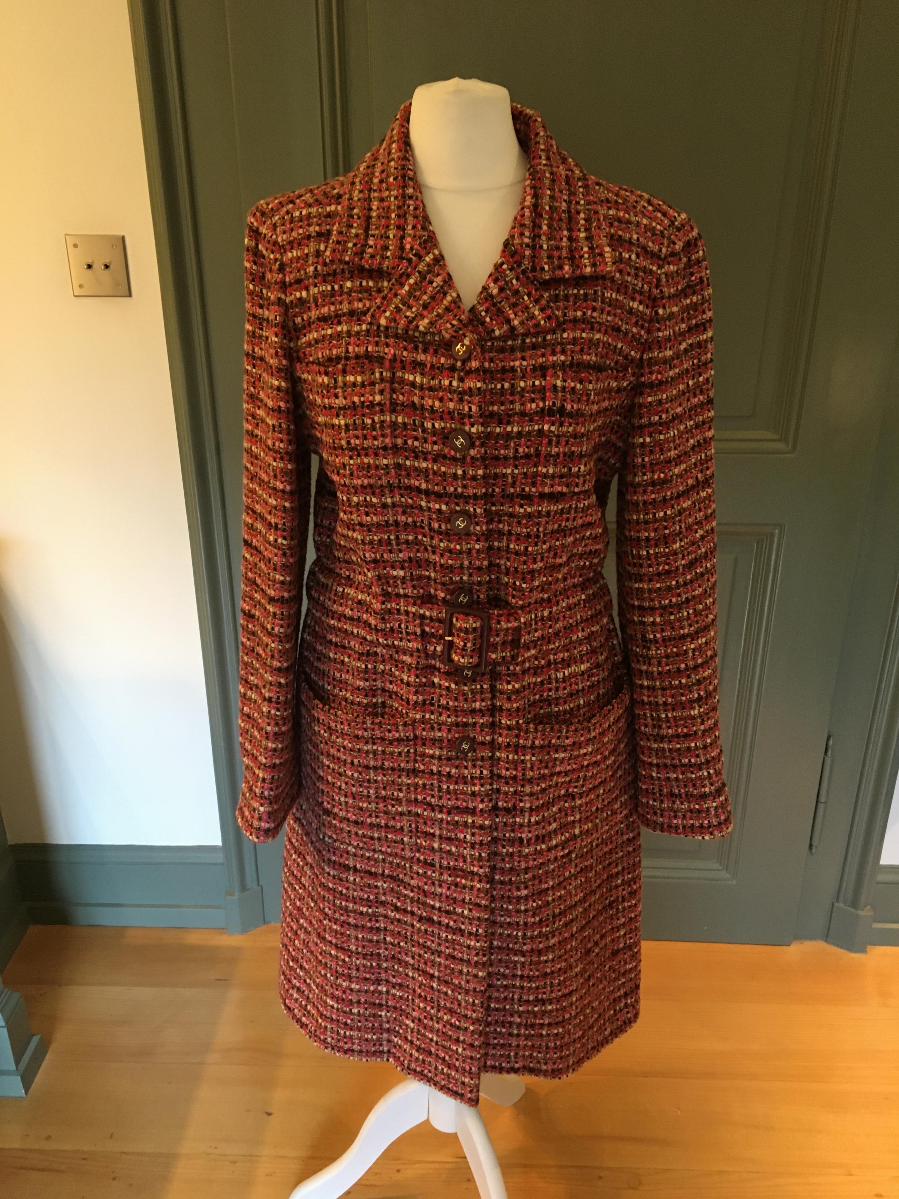 Preowned Chanel Pink Tweed Belted Tailored Coat Size XS Multi-Coloured / Stripes