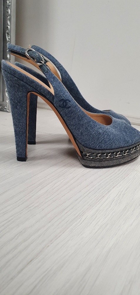 Preowned Chanel Chain Trim Denim Slingback Sandals Size 38 Blue