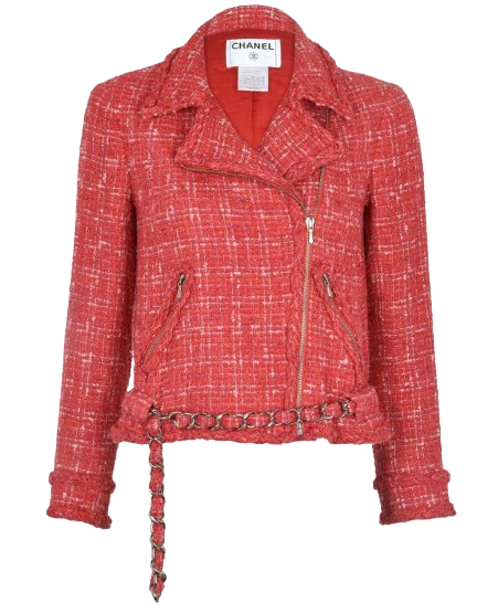 Chanel Red Tweed Biker Jacket with Chain Detail Size S silk blend tweed