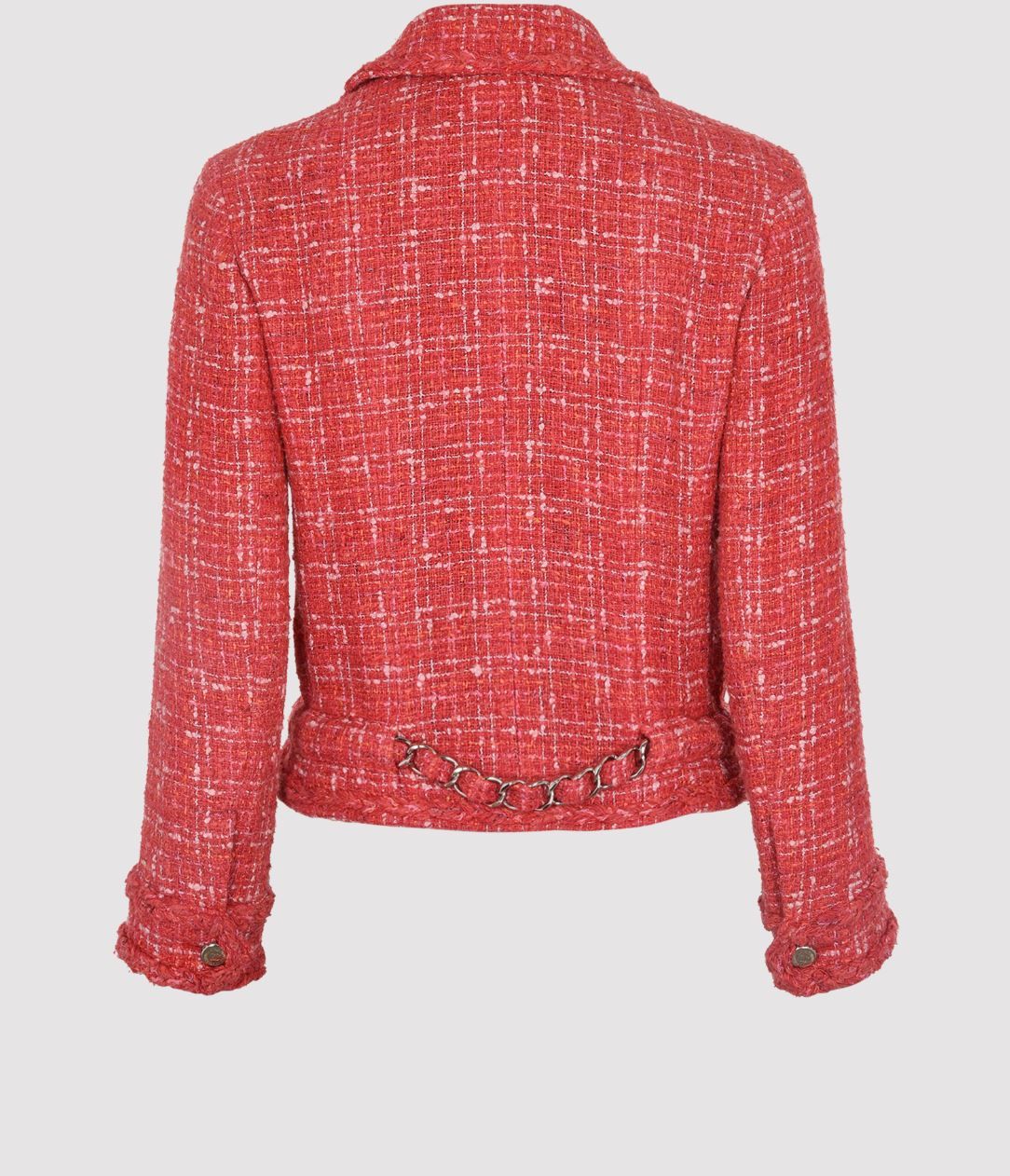 Chanel Red Tweed Biker Jacket with Chain Detail Size S silk blend tweed