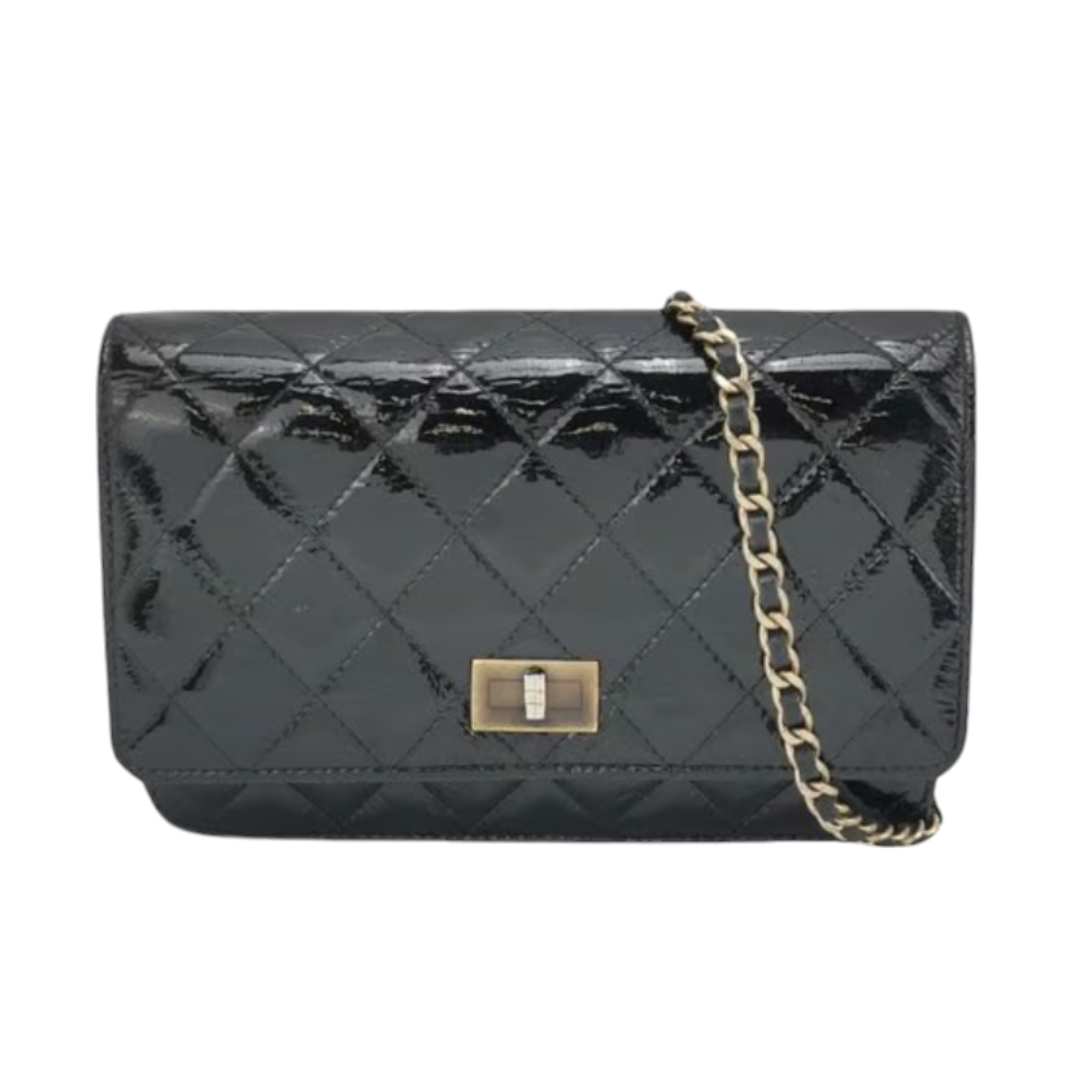 Preowned Chanel Black Quilted Patent Leather Reissue Wallet On Chain