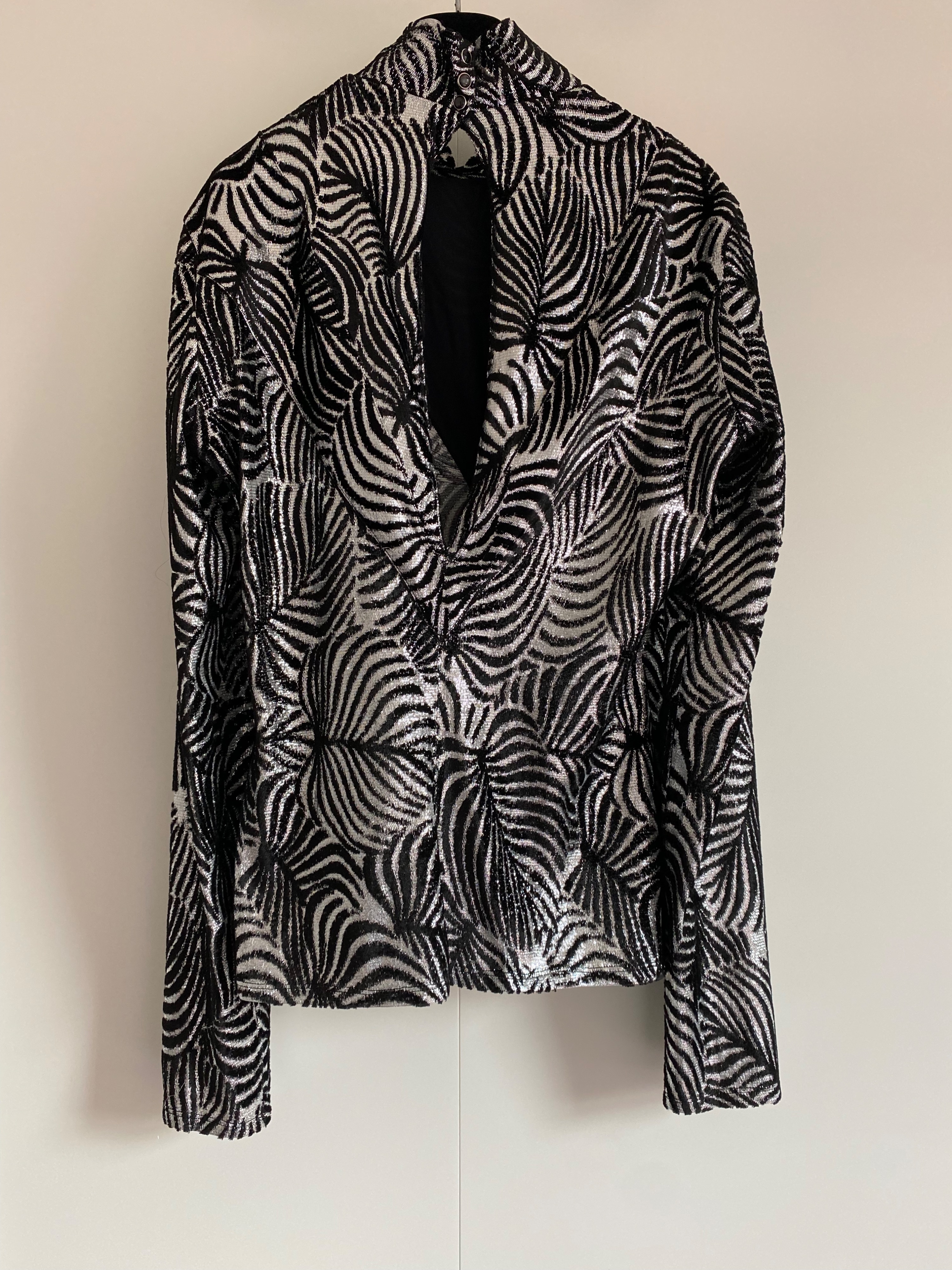 Paco Rabanne Zebra Print Lame Blouse Size L Silver and black viscose