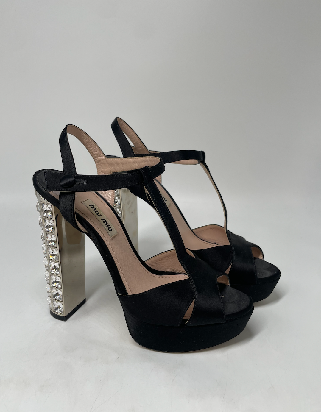 Preowned Miu Miu Crystal Embellished Heeled Satin Sandals Size 37 Black and silver polyester