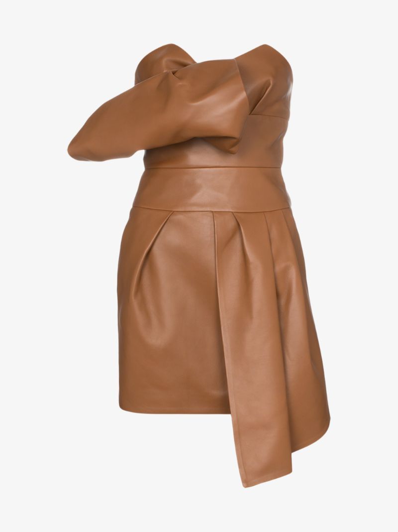 Alexandre Vauthier Strapless Gathered Brown Leather Mini Dress Size M lambskin/viscose/pbt elite