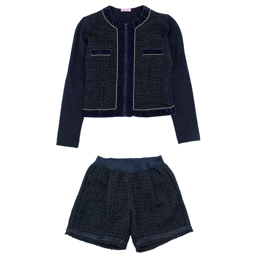 Boys Preowned Monnalisa Monnlisa Navy Tweed Short  Jacket Set Size 6 Years + Blue cotton