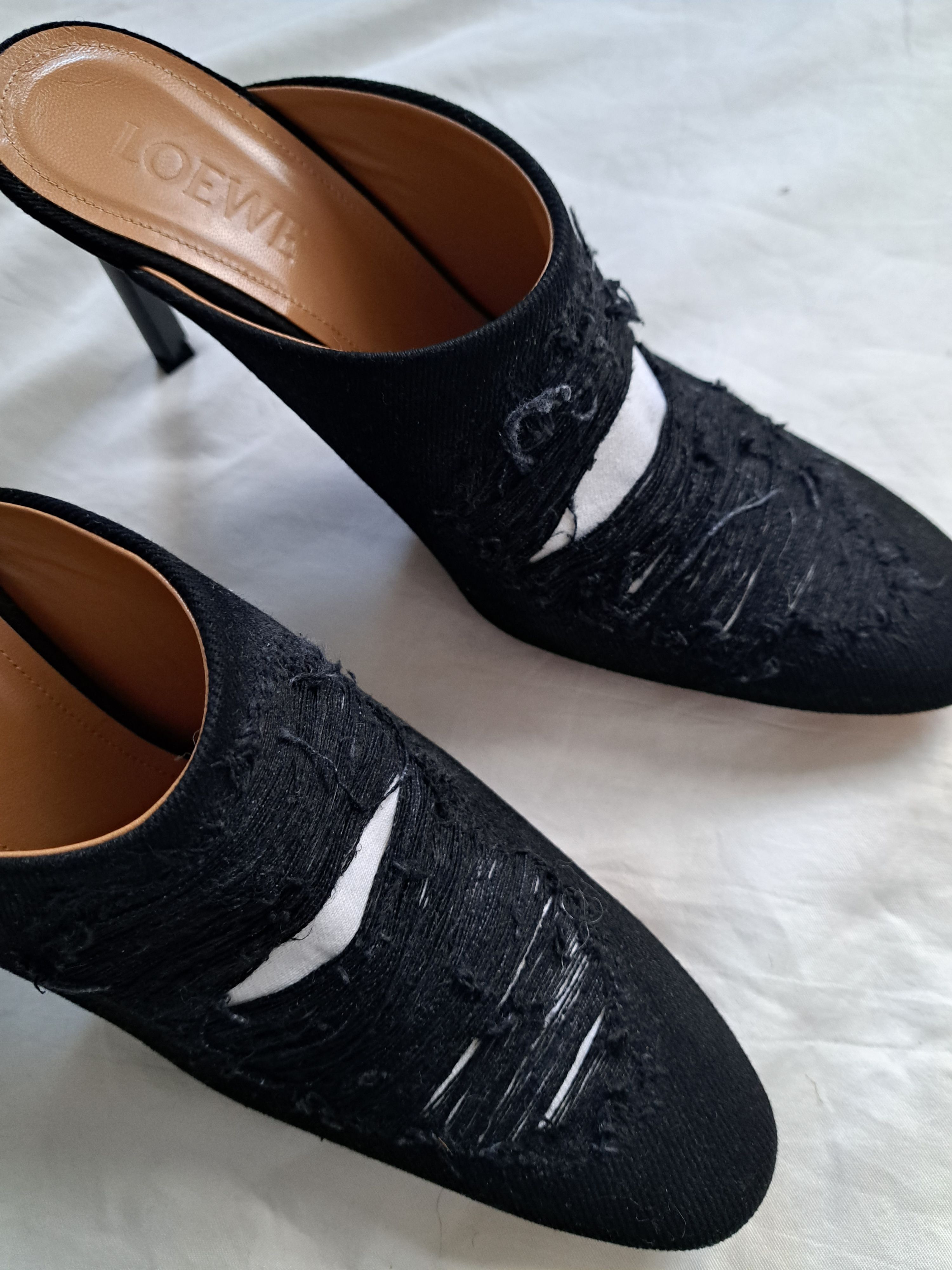 Loewe Black Distressed Denim Mules Size 39 leather