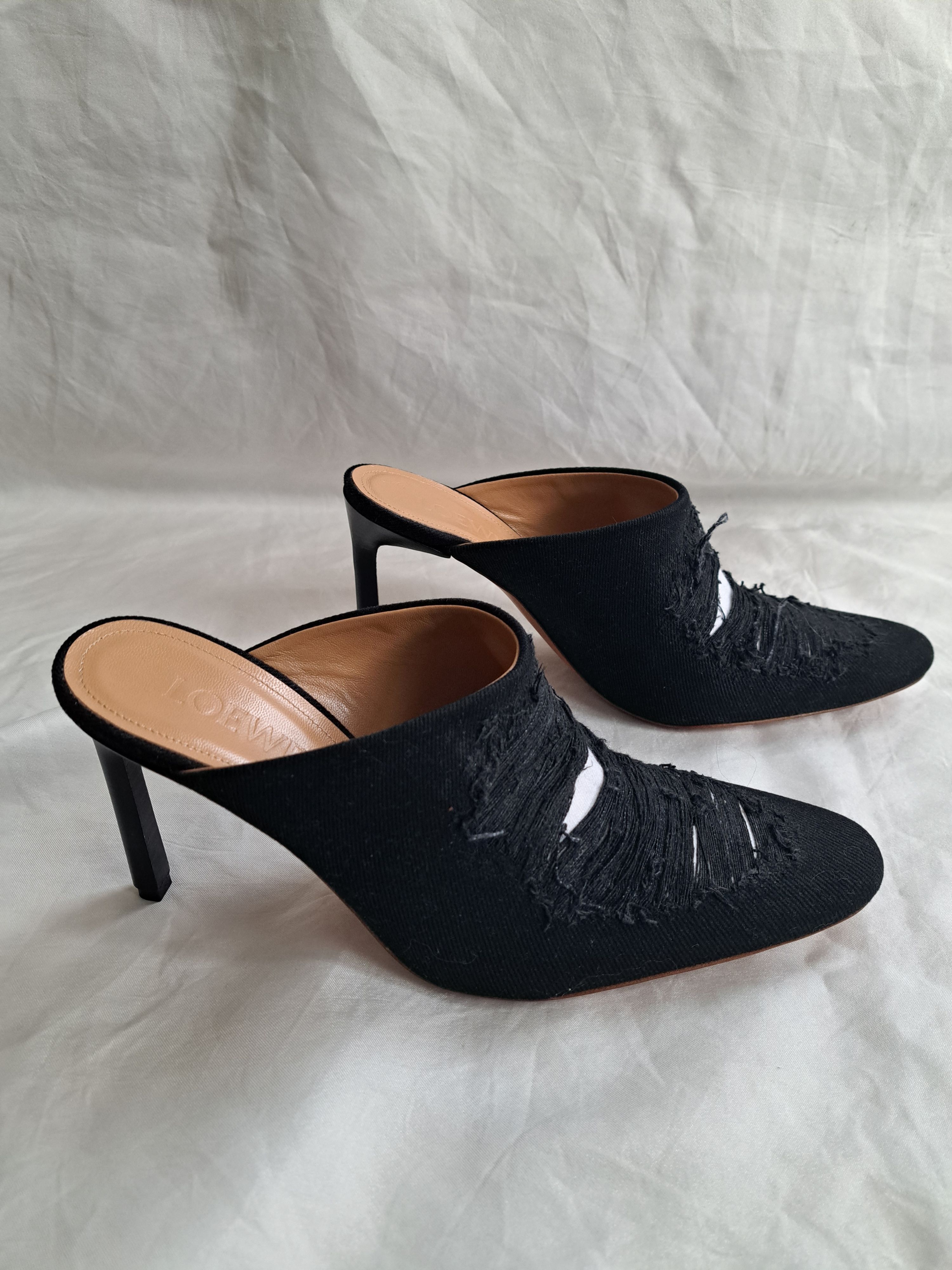 Loewe Black Distressed Denim Mules Size 39 leather