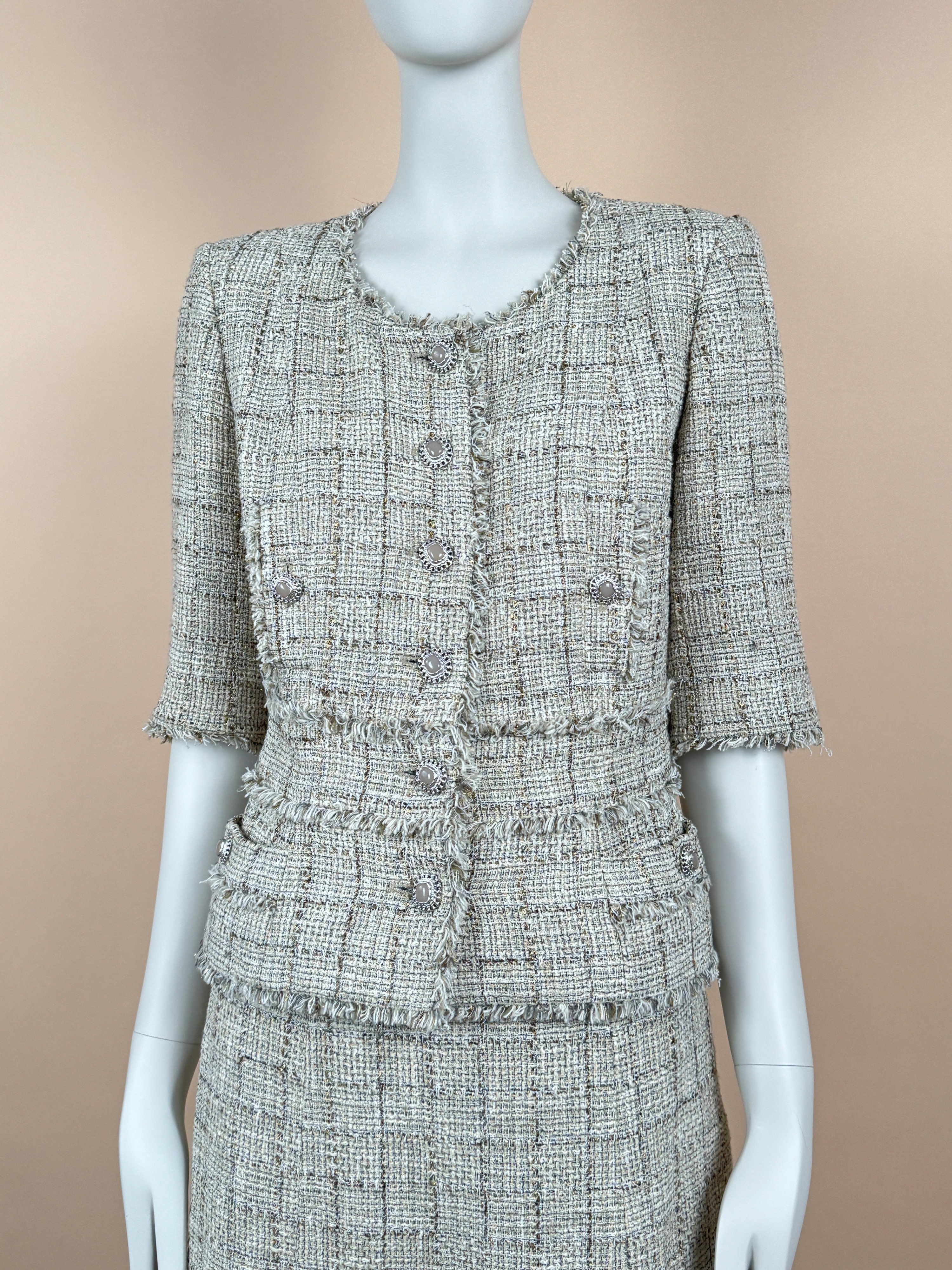 Chanel Beige Tweed Jacket and Skirt Suit Size S