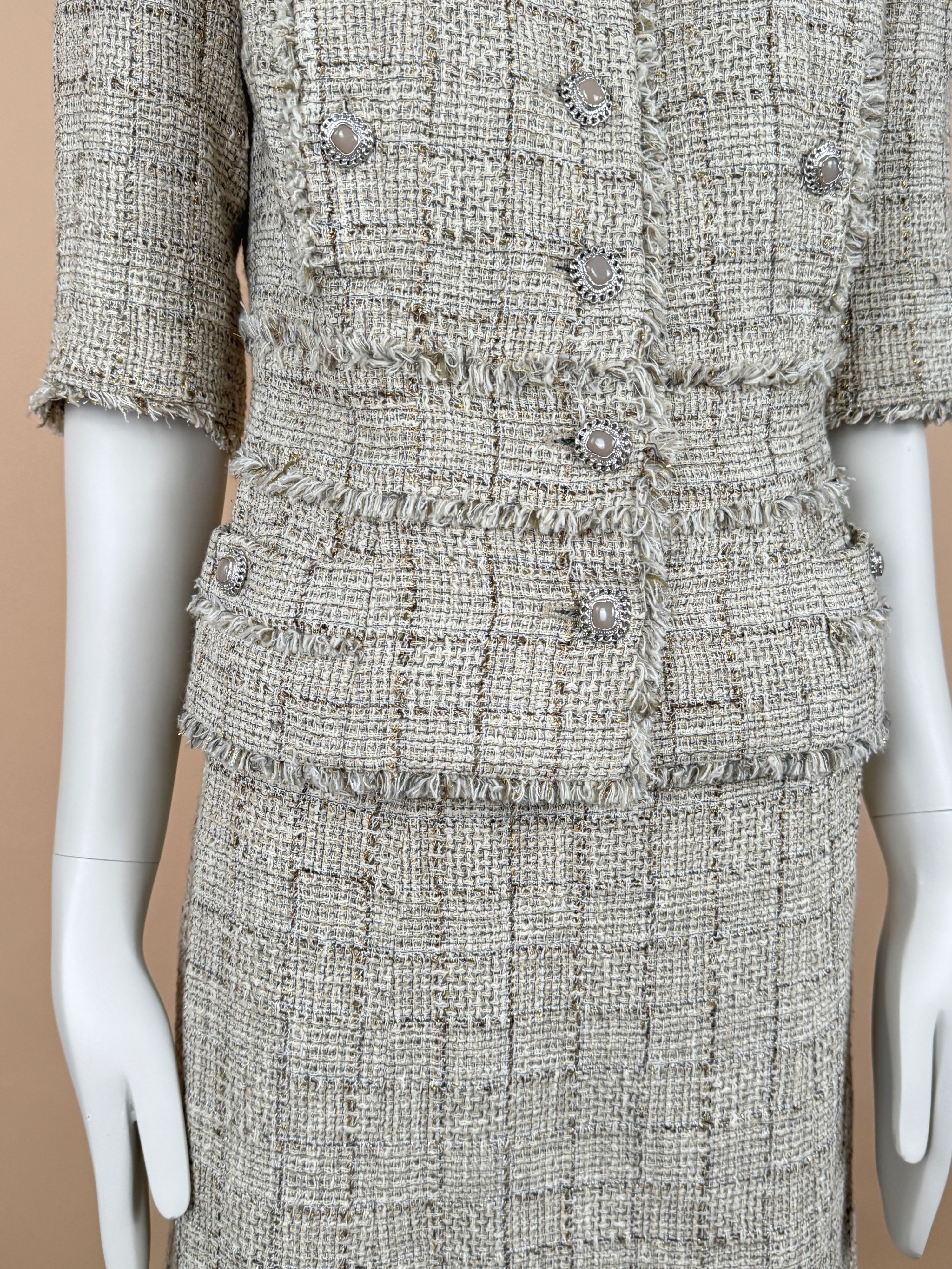 Chanel Beige Tweed Jacket and Skirt Suit Size S