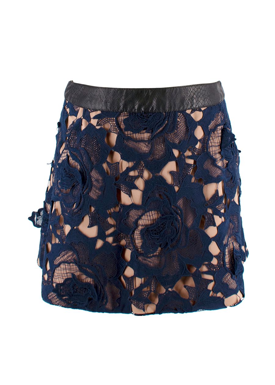 Self Portrait Blue Lace Layered Mini Skirt Size L Beige and Navy cotton