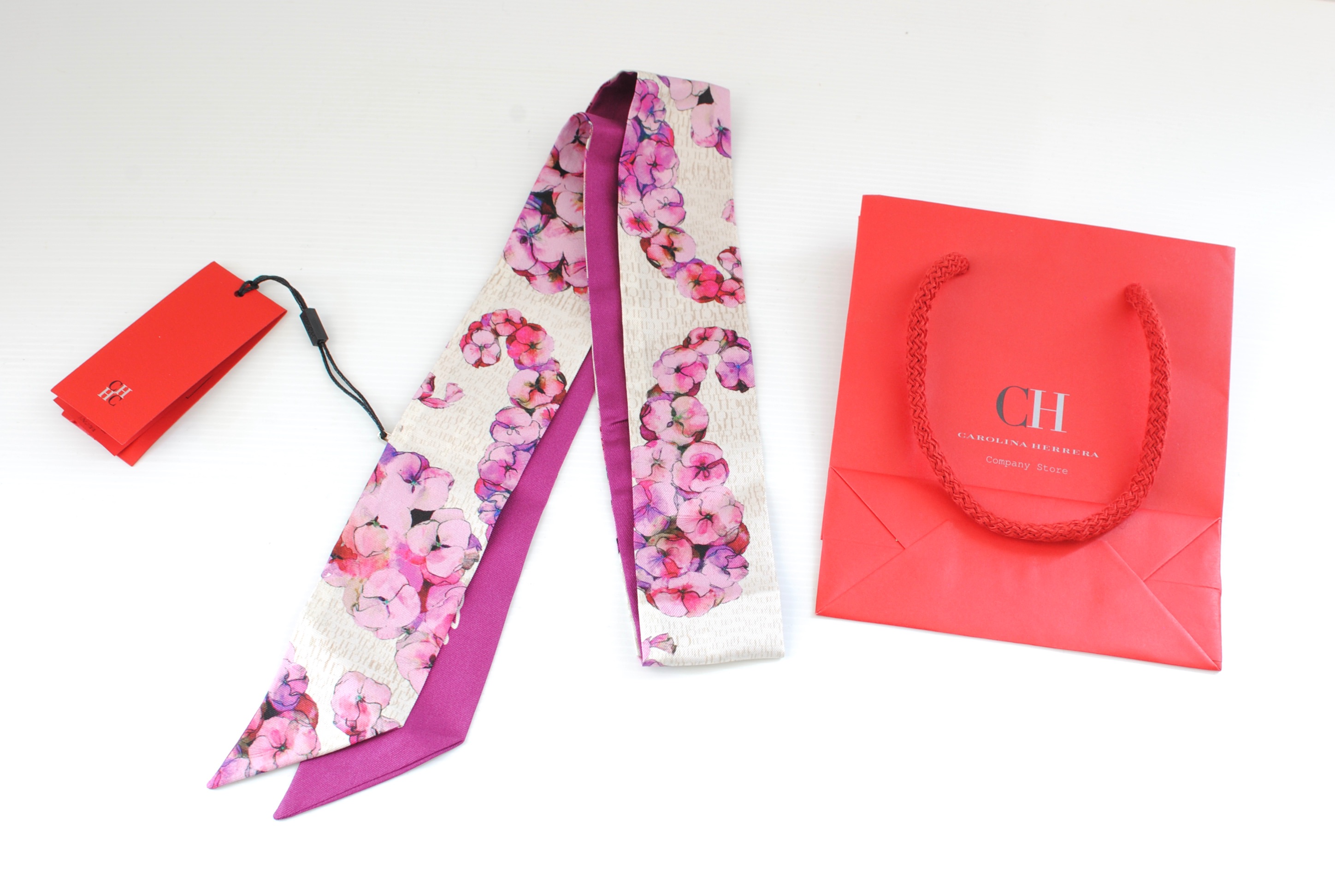 Carolina Herrera Floral Silk Twilly Scarf pink