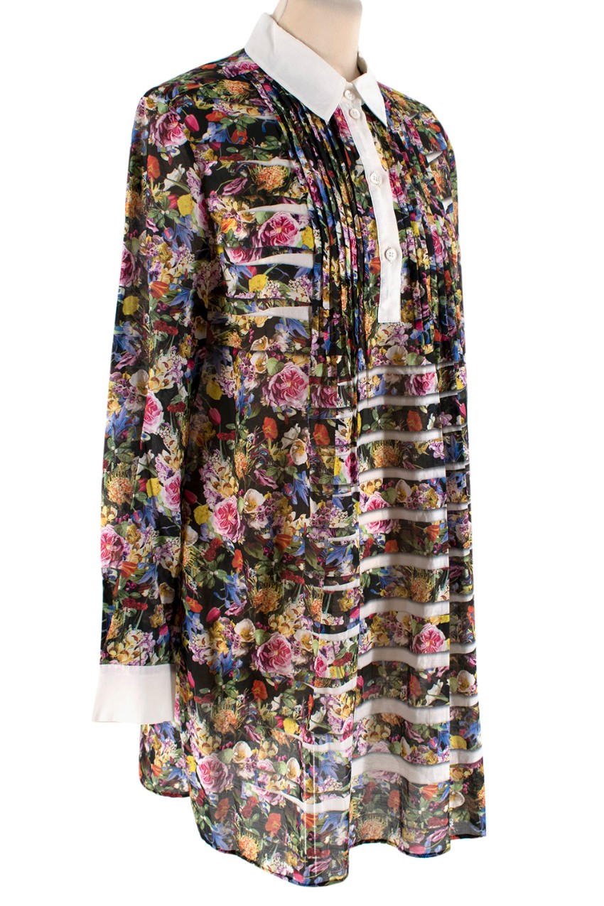 Preowned Mary Katrantzou Floral with White Collar Cotton Dress Size L Floral / Patterned