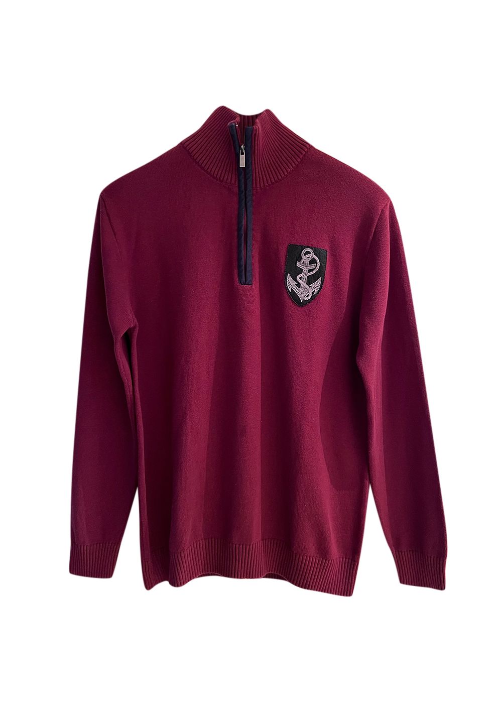 Men's Preowned Balmain Crest Detail Red Quarter Zip Jumper Size L Burgundy cotton