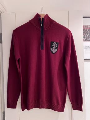 Men's Preowned Balmain Crest Detail Red Quarter Zip Jumper Size L Burgundy cotton