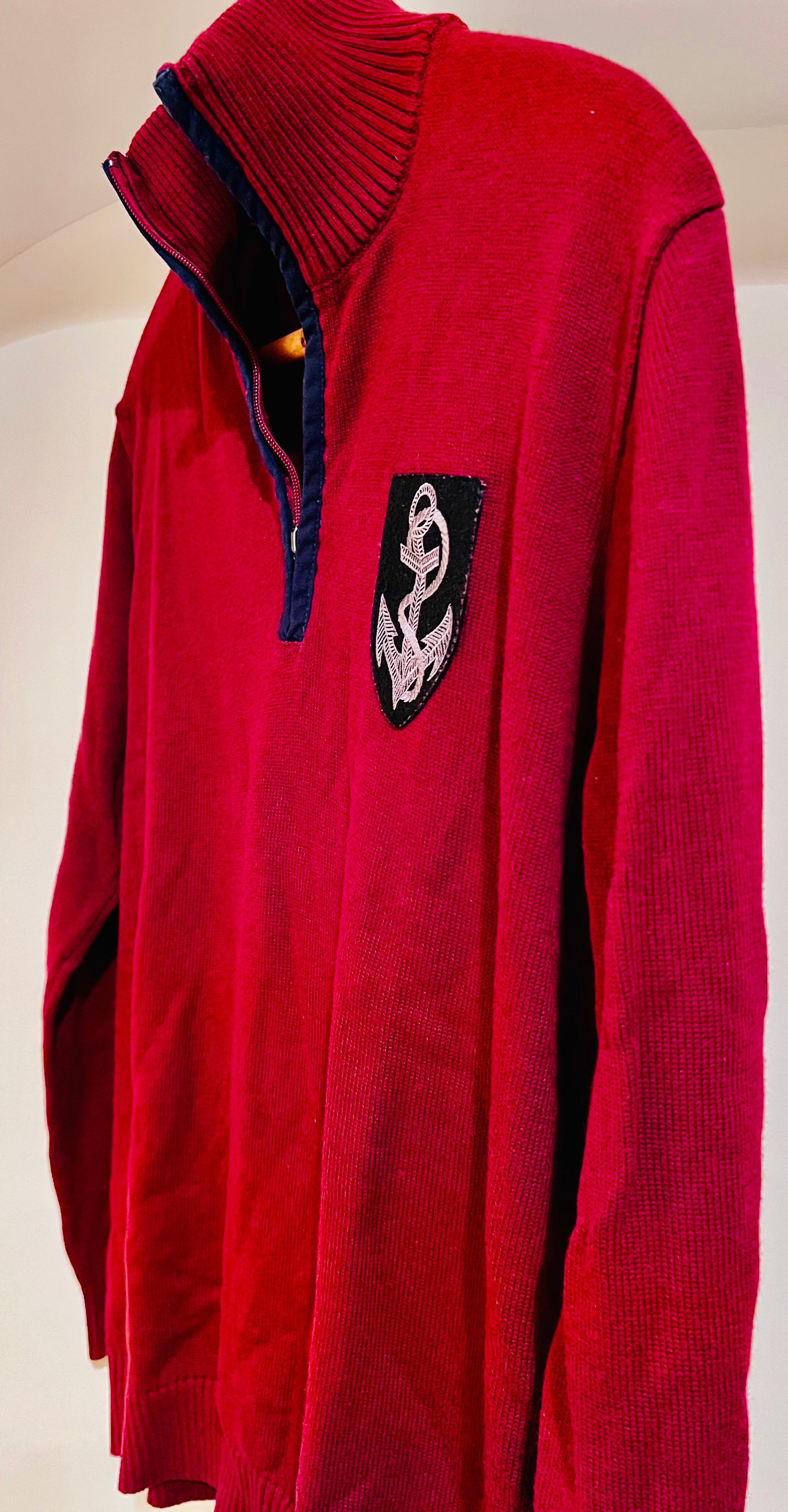 Men's Preowned Balmain Crest Detail Red Quarter Zip Jumper Size L Burgundy cotton