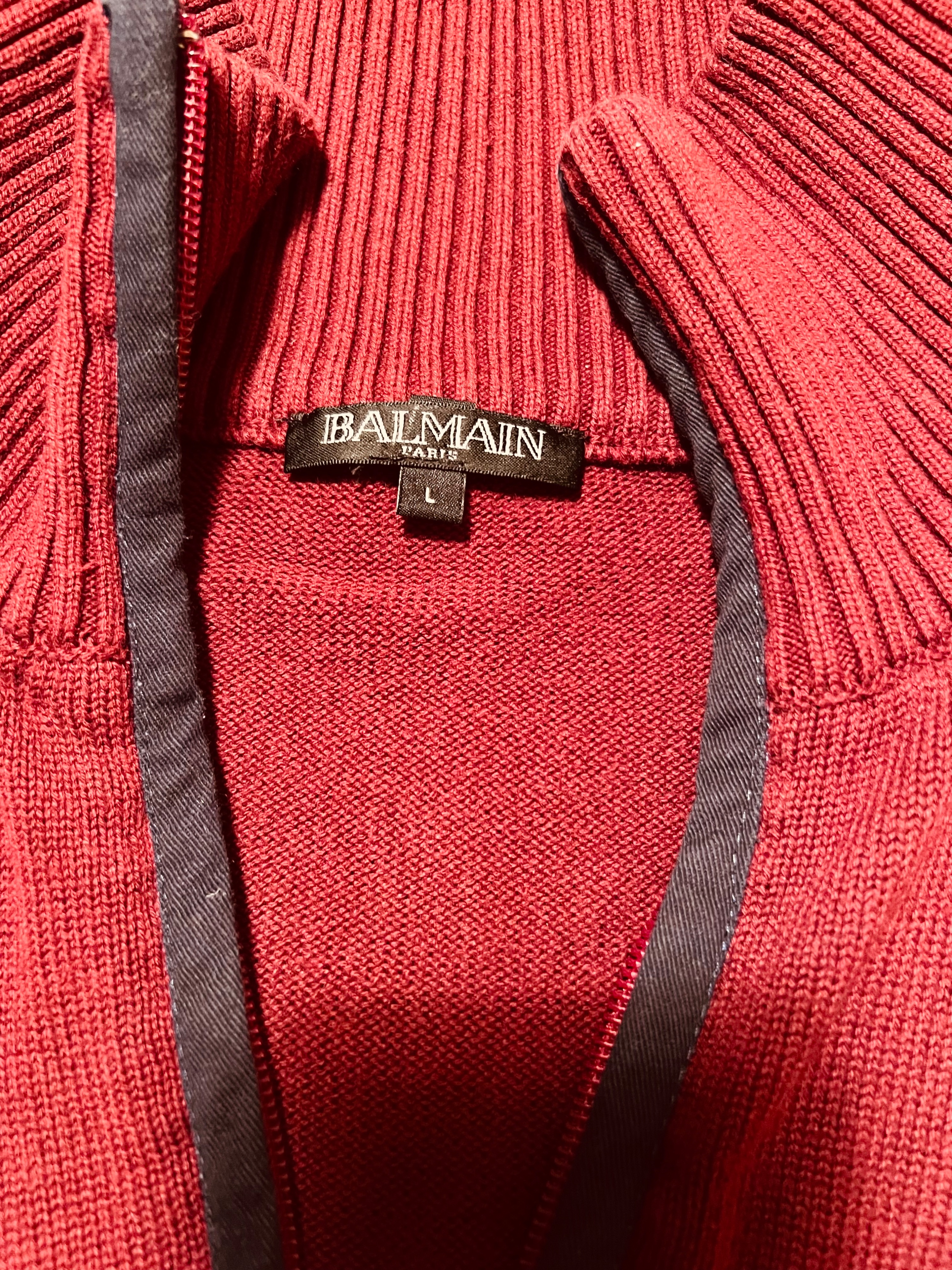 Men's Preowned Balmain Crest Detail Red Quarter Zip Jumper Size L Burgundy cotton