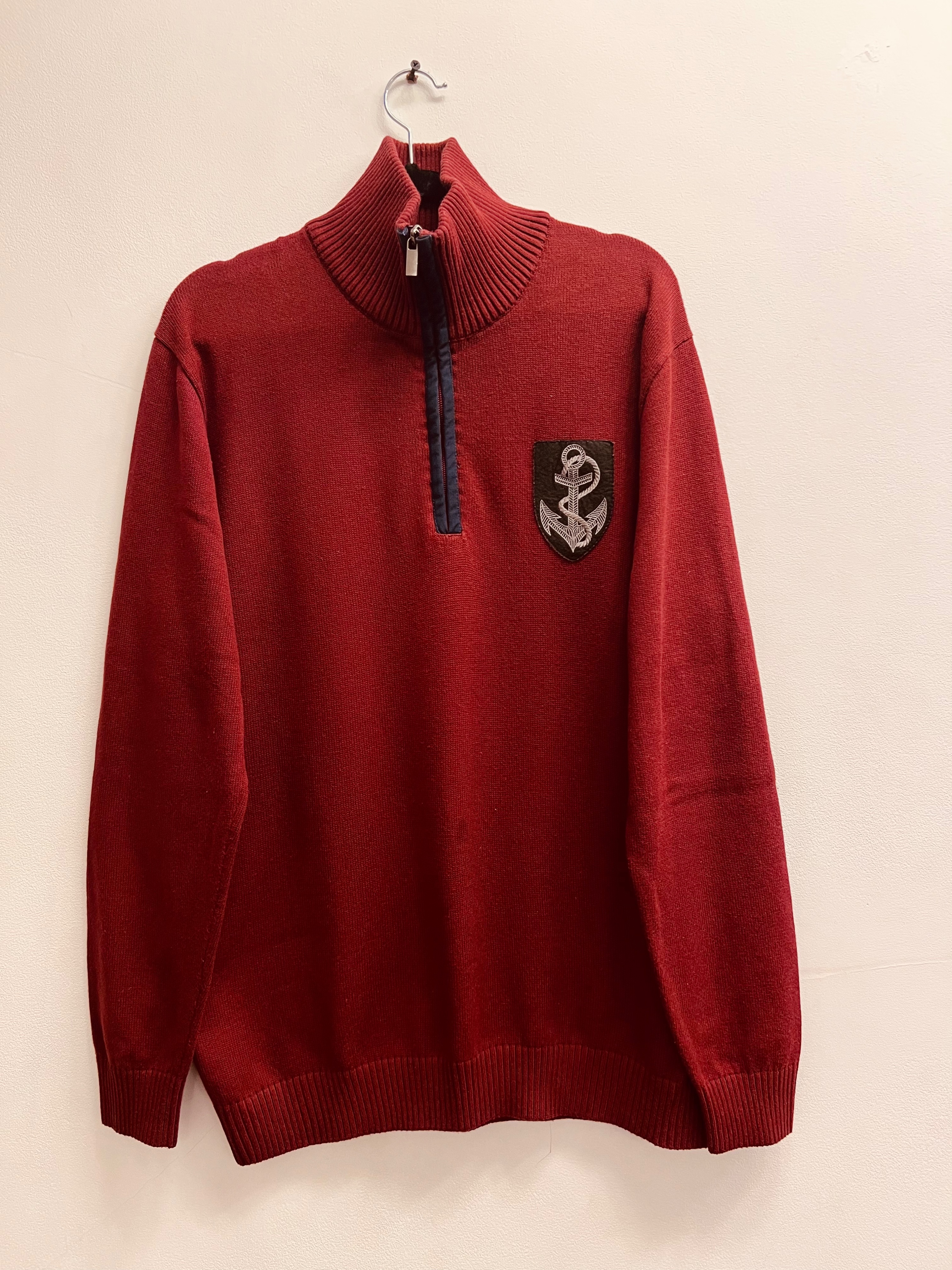 Men's Preowned Balmain Crest Detail Red Quarter Zip Jumper Size L Burgundy cotton