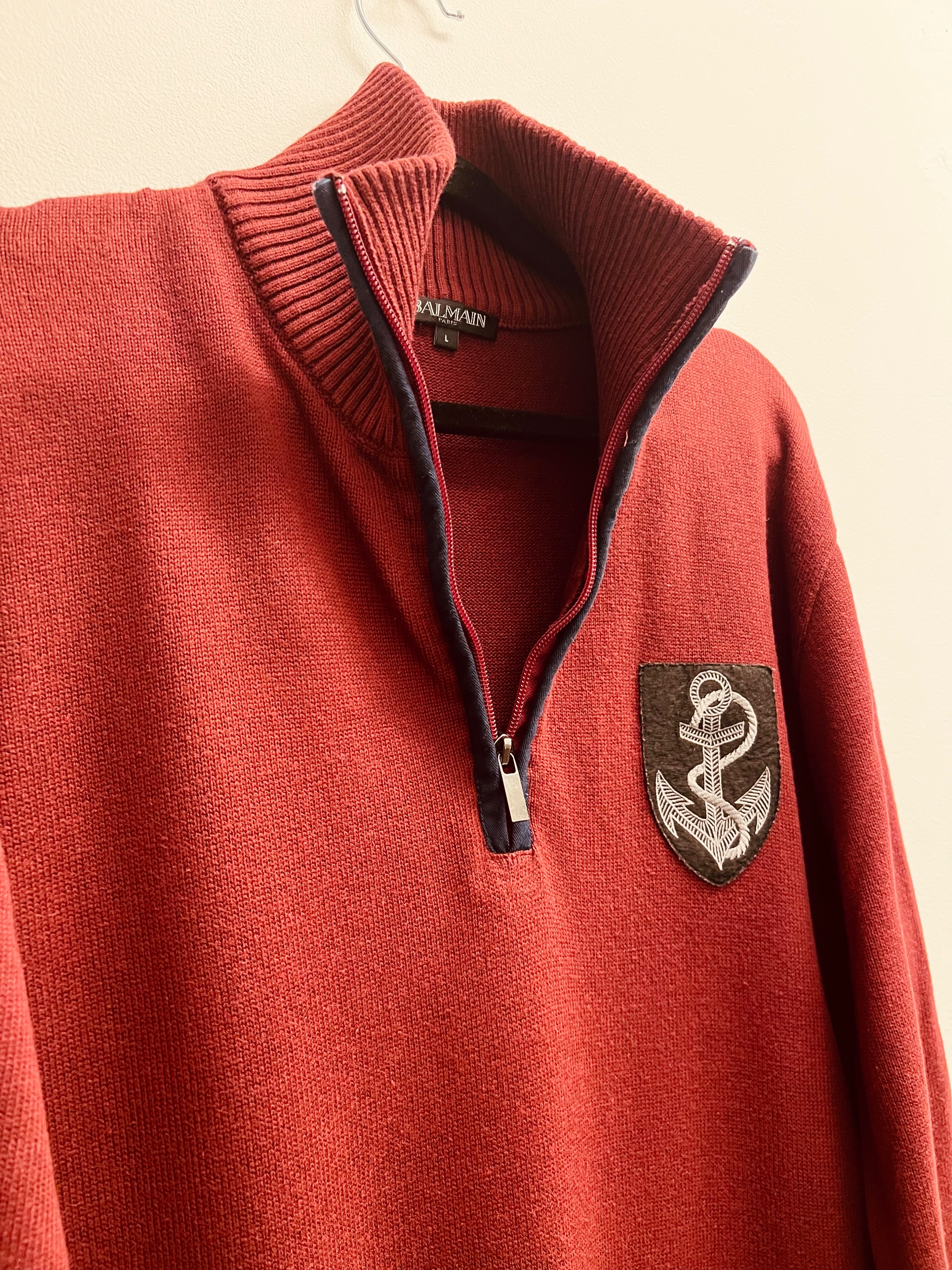 Men's Preowned Balmain Crest Detail Red Quarter Zip Jumper Size L Burgundy cotton