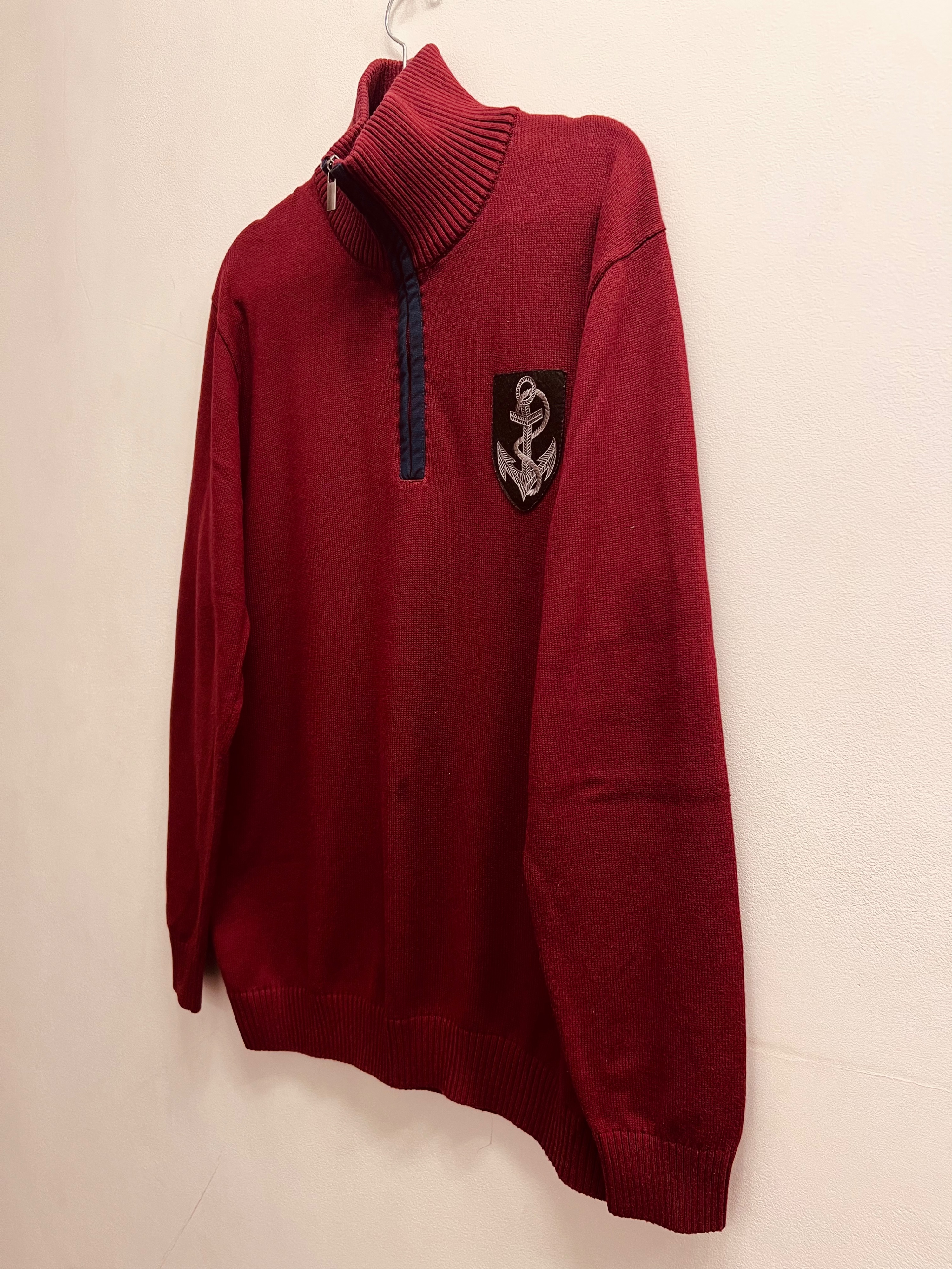 Men's Preowned Balmain Crest Detail Red Quarter Zip Jumper Size L Burgundy cotton