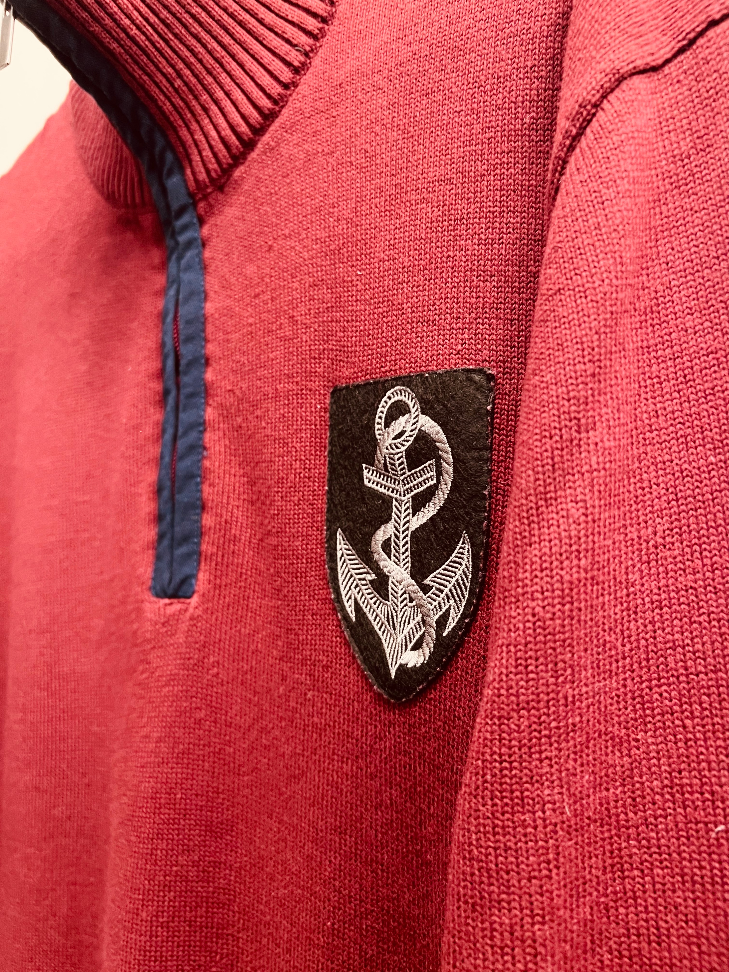 Men's Preowned Balmain Crest Detail Red Quarter Zip Jumper Size L Burgundy cotton