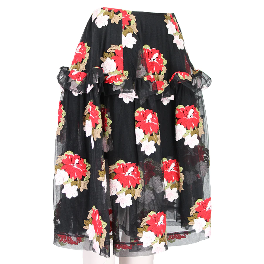 Simone Rocha Black Floral-Embroidered Asymmetric Ruffle Skirt Size S Black Red cotton mix