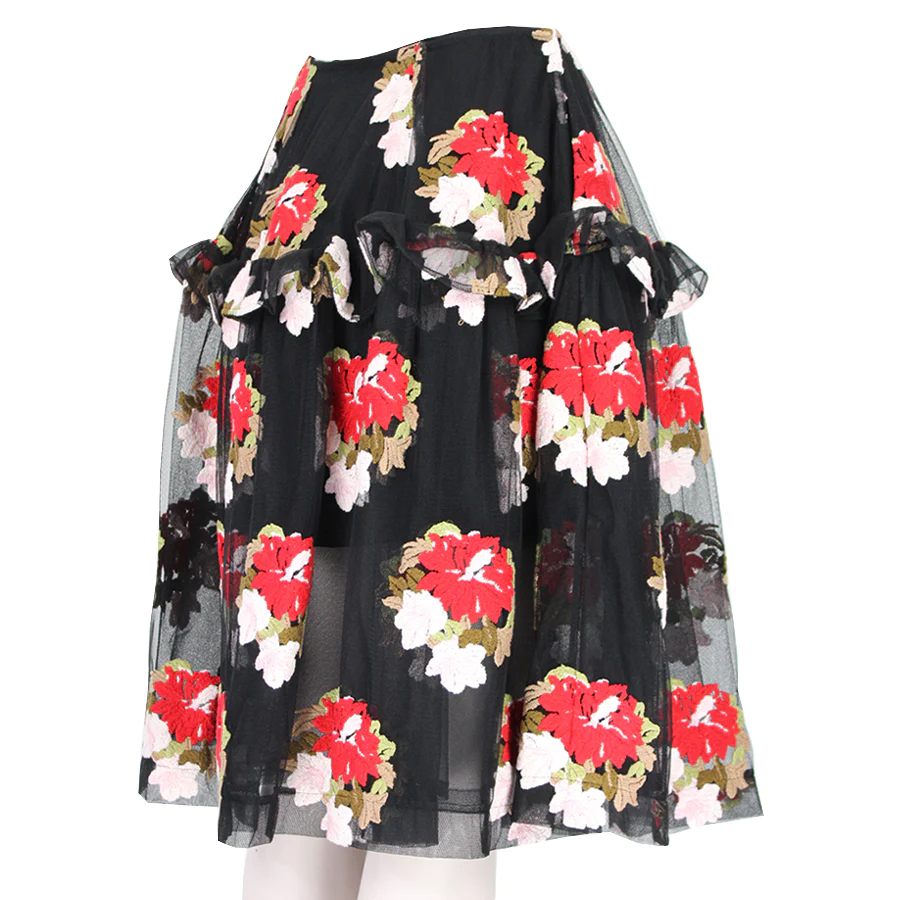 Simone Rocha Black Floral-Embroidered Asymmetric Ruffle Skirt Size S Black Red cotton mix