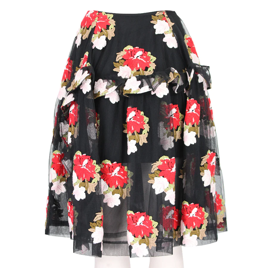 Simone Rocha Black Floral-Embroidered Asymmetric Ruffle Skirt Size S Black Red cotton mix