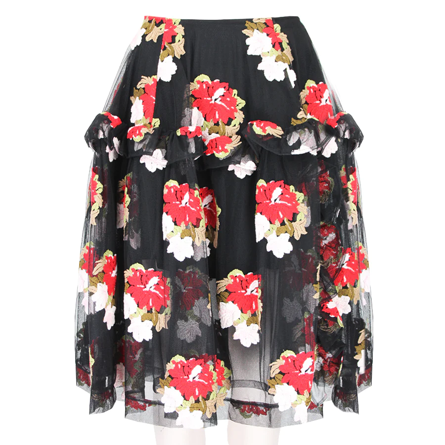 Simone Rocha Black Floral-Embroidered Asymmetric Ruffle Skirt Size S Black Red cotton mix