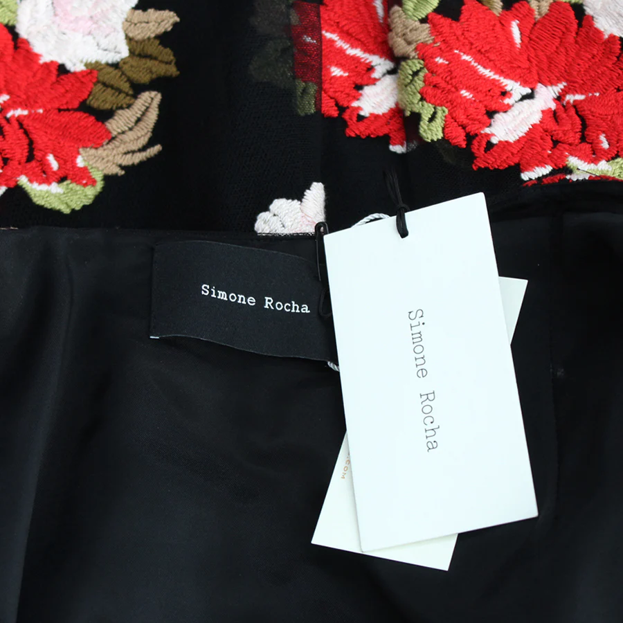 Simone Rocha Black Floral-Embroidered Asymmetric Ruffle Skirt Size S Black Red cotton mix