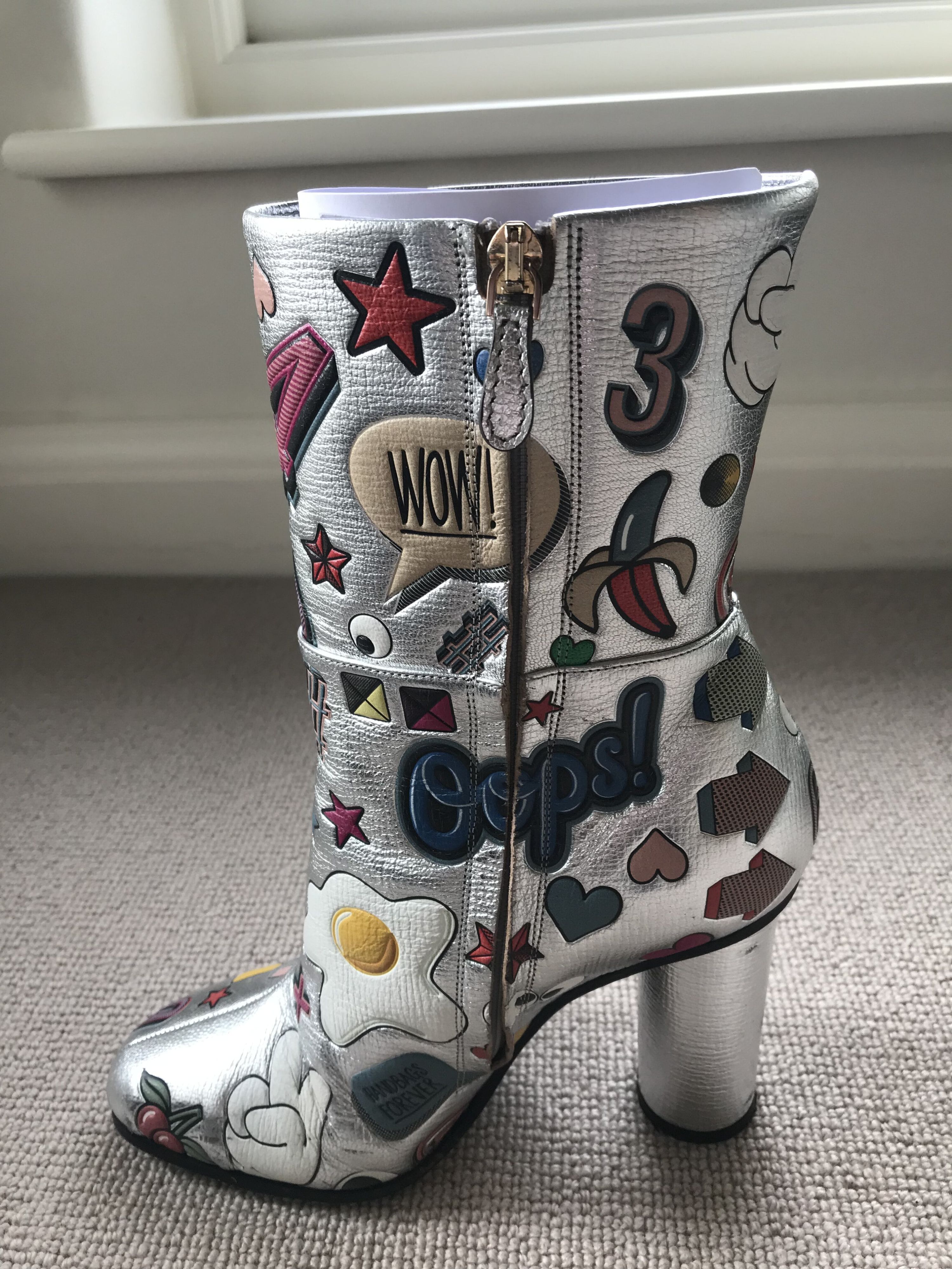 Preowned Anya Hindmarch Silver All-Over Stickers Boots Size 37 Multi with silver background italian leather